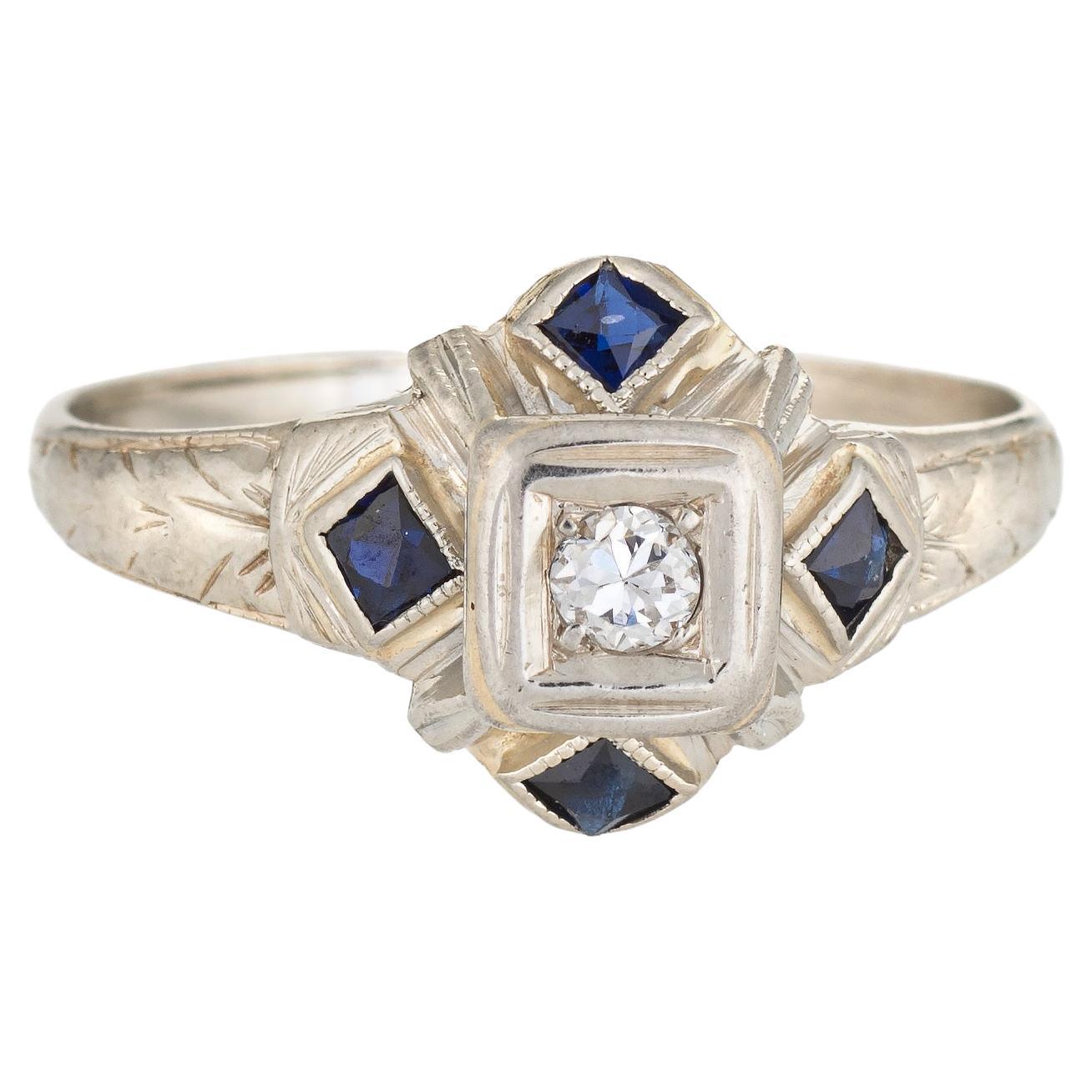 Antique Deco Diamond Sapphire Ring 20k White Gold Vintage Fine Jewelry 6.25 For Sale