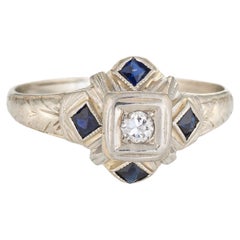 Antique Deco Diamond Sapphire Ring 20k White Gold Vintage Fine Jewelry 6.25
