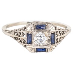 Antique Deco Diamond Sapphire Ring Filigree 14 Karat Gold Square Fine Jewelry