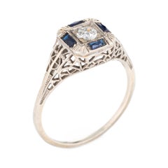 Antique Deco Diamond Sapphire Ring Filigree 14 Karat Gold Square Fine Jewelry