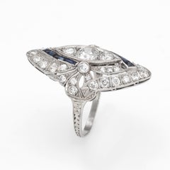 Antique Deco Diamond Sapphire Ring Platinum Navette Cocktail Vintage Jewelry 5.5