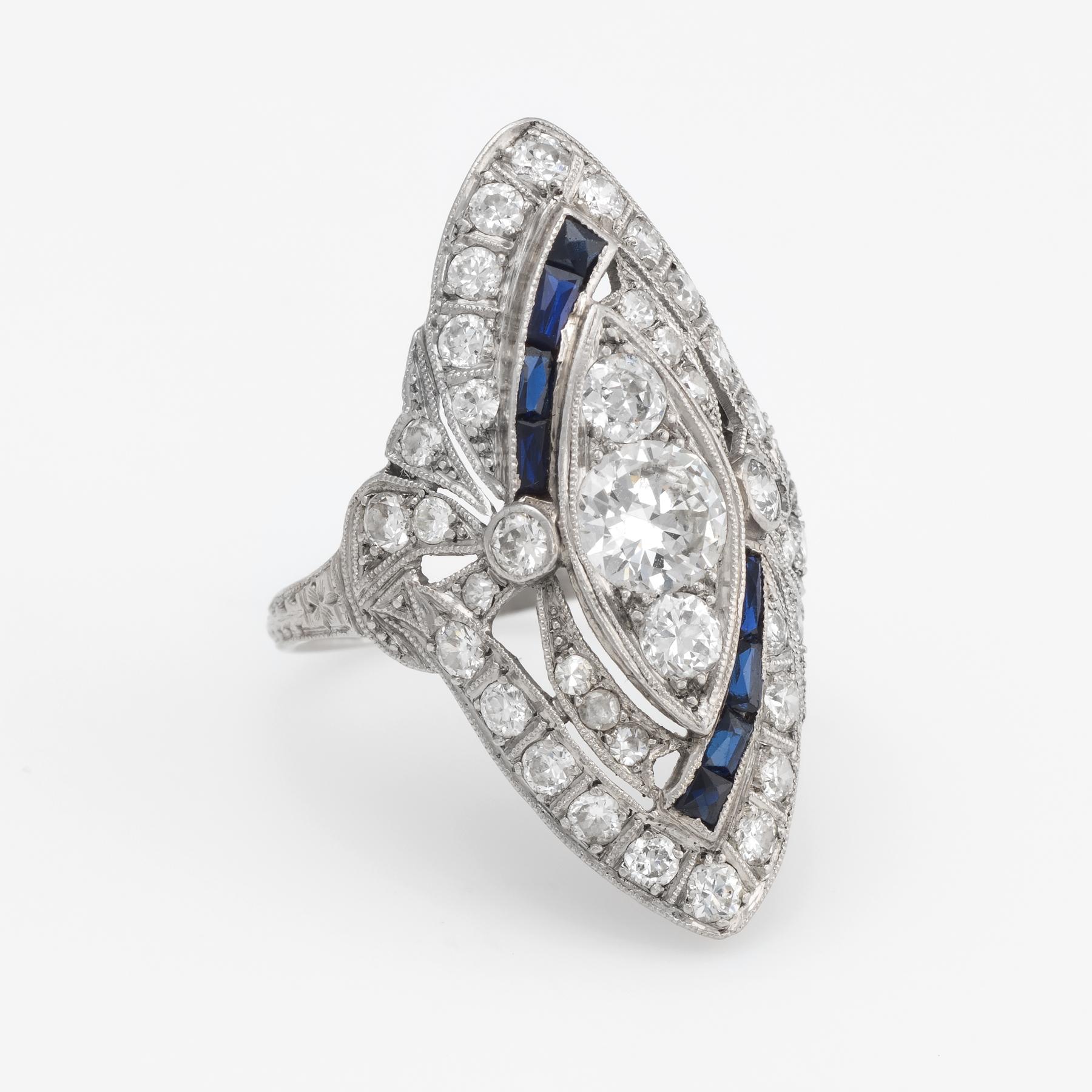 Art Deco Antique Deco Diamond Sapphire Ring Platinum Navette Cocktail Vintage Jewelry 5.5