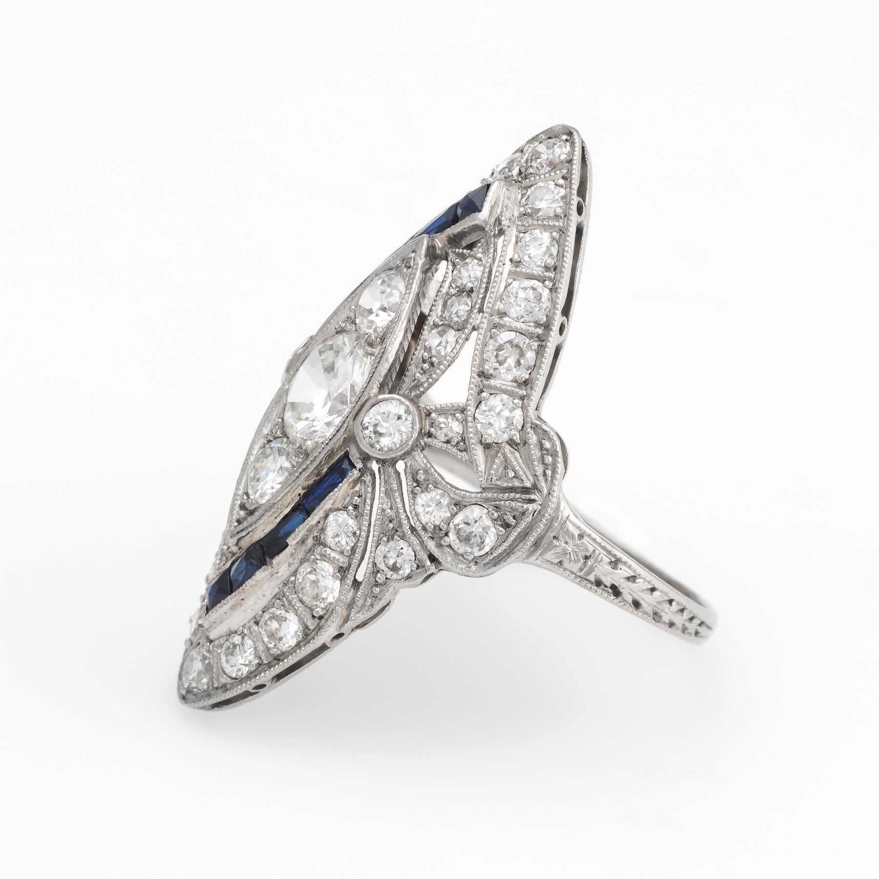 Old European Cut Antique Deco Diamond Sapphire Ring Platinum Navette Cocktail Vintage Jewelry 5.5