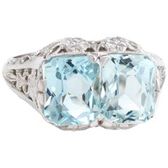 Antique Deco Double Aquamarine Ring Vintage 14 Karat White Gold Filigree Estate