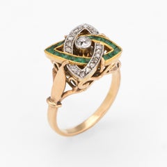 Antique Deco Emerald Diamond Ring Infinity 14k Gold Platinum Vintage Calibre