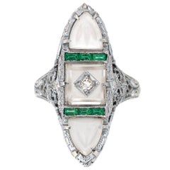 Antique Deco Emerald Rock Crystal Diamond Ring Vintage 14 Karat Gold Filigree