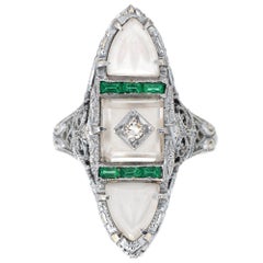 Antique Deco Emerald Rock Crystal Diamond Ring Vintage 14 Karat Gold Filigree