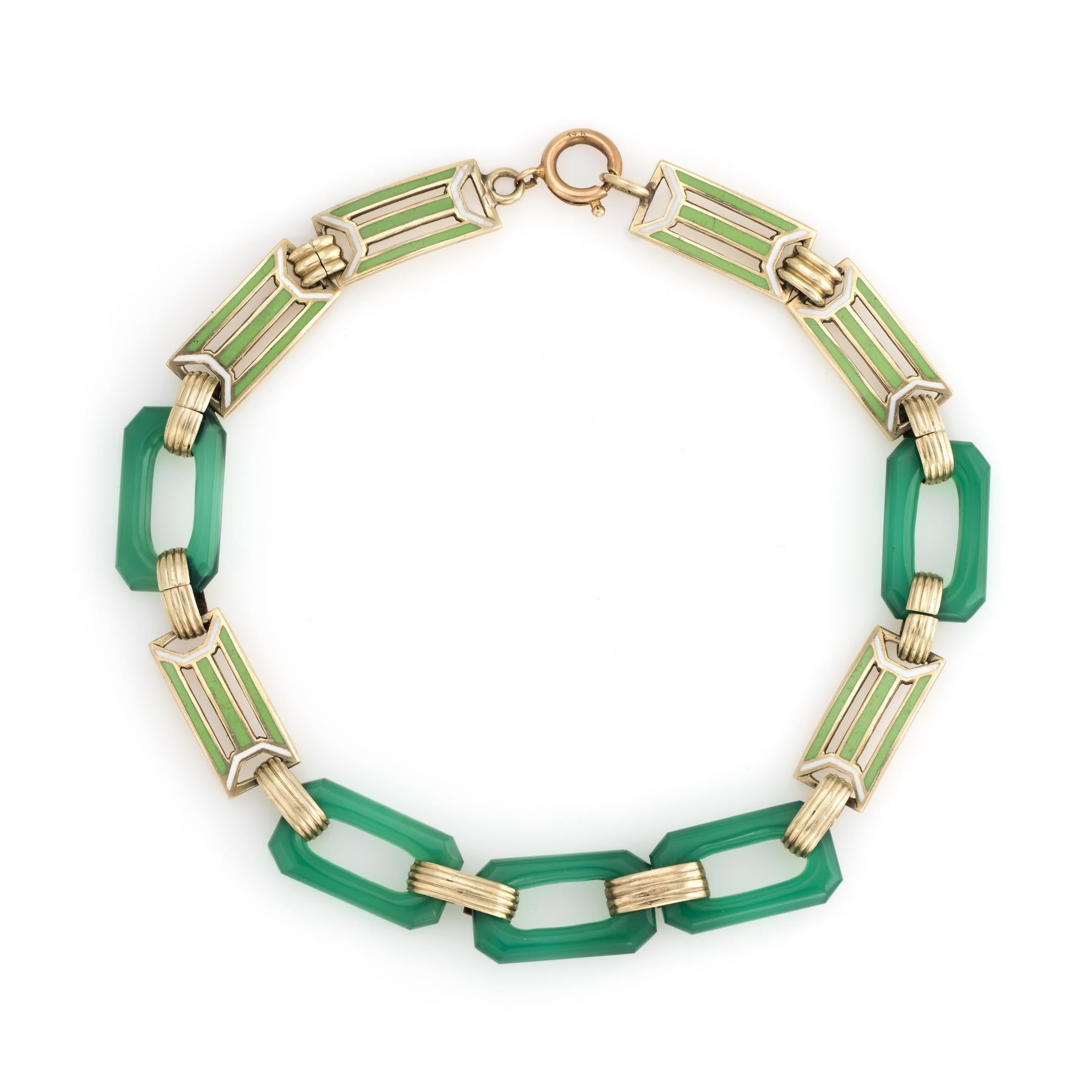 Antique Deco Enamel Bracelet Chrysoprase 14k Gold Green Square Links Vintage In Good Condition In Torrance, CA