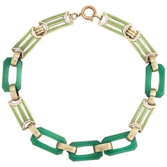 Antique Deco Enamel Bracelet Chrysoprase 14k Gold Green Square Links Vintage
