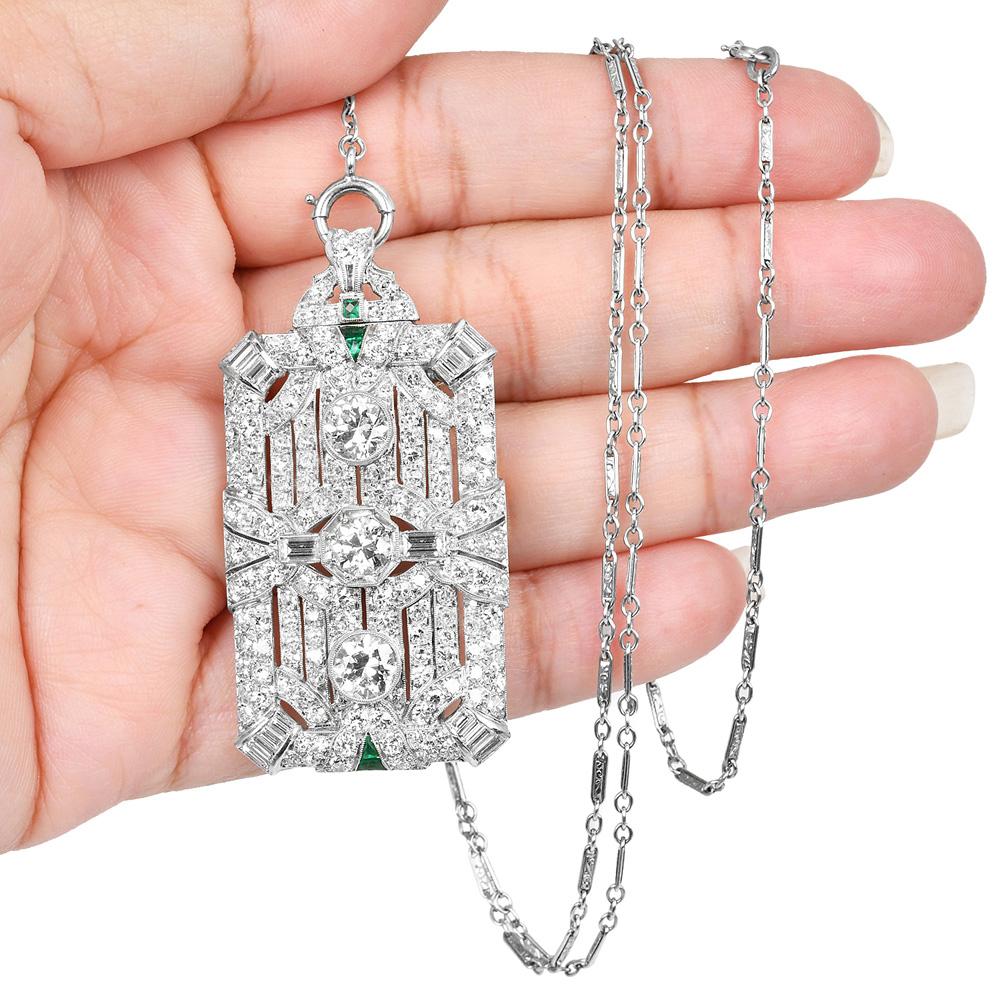 Antique Deco European Diamond Platinum Brooch and Pendant Lariat Necklace For Sale 5