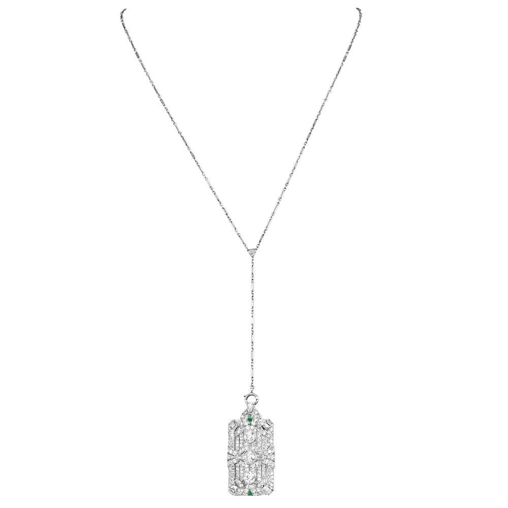 Antike Deco-Halskette mit Platinbrosche und Anhänger, Lariat, europäische Diamanten, Platin (Art déco) im Angebot