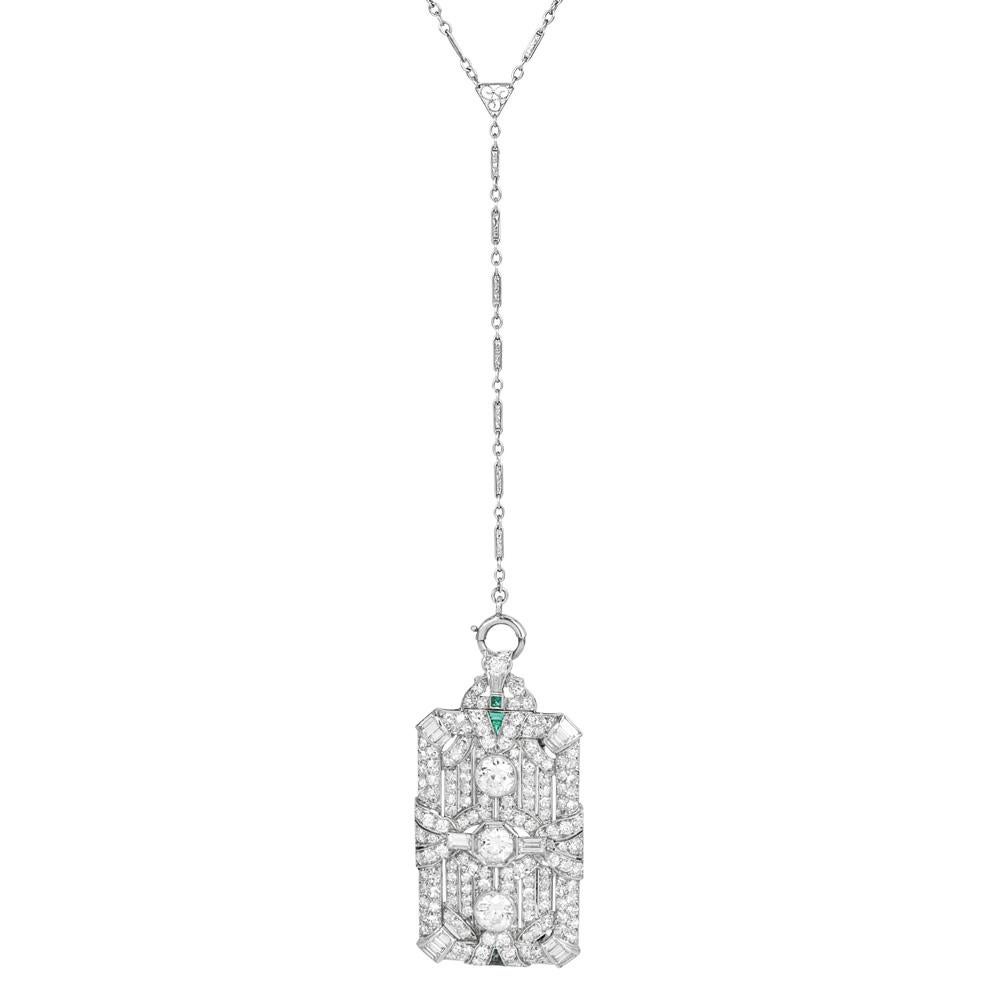 Antique Deco European Diamond Platinum Brooch and Pendant Lariat Necklace Excellent état - En vente à Miami, FL