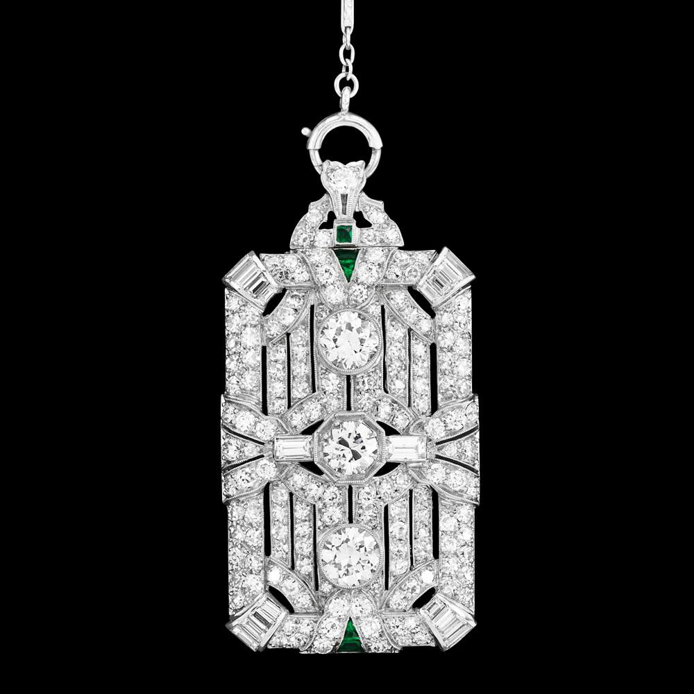 Antike Deco-Halskette mit Platinbrosche und Anhänger, Lariat, europäische Diamanten, Platin im Angebot 2