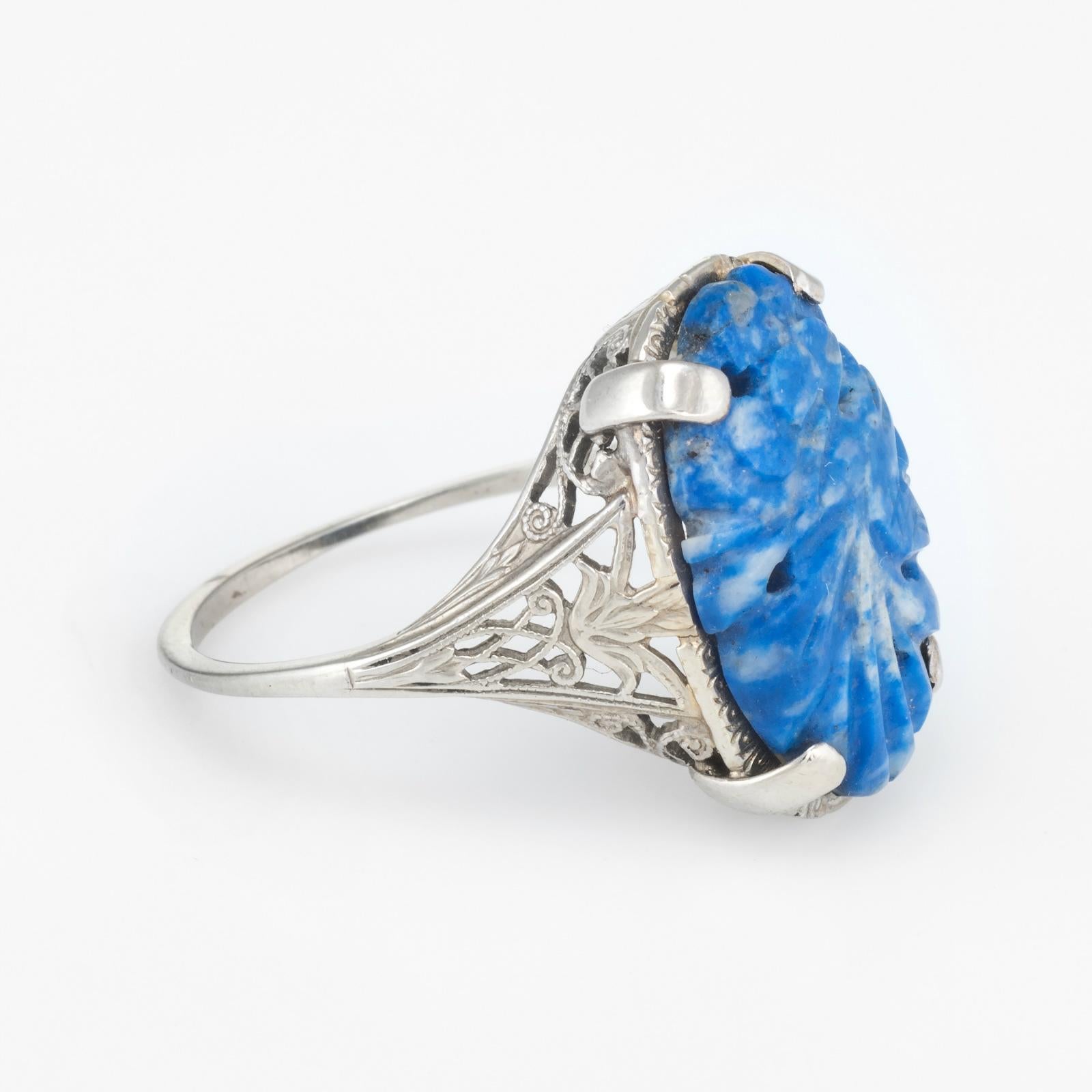 Art Deco Antique Deco Filigree Cocktail Ring Sodalite Vintage 14 Karat White Gold Jewelry