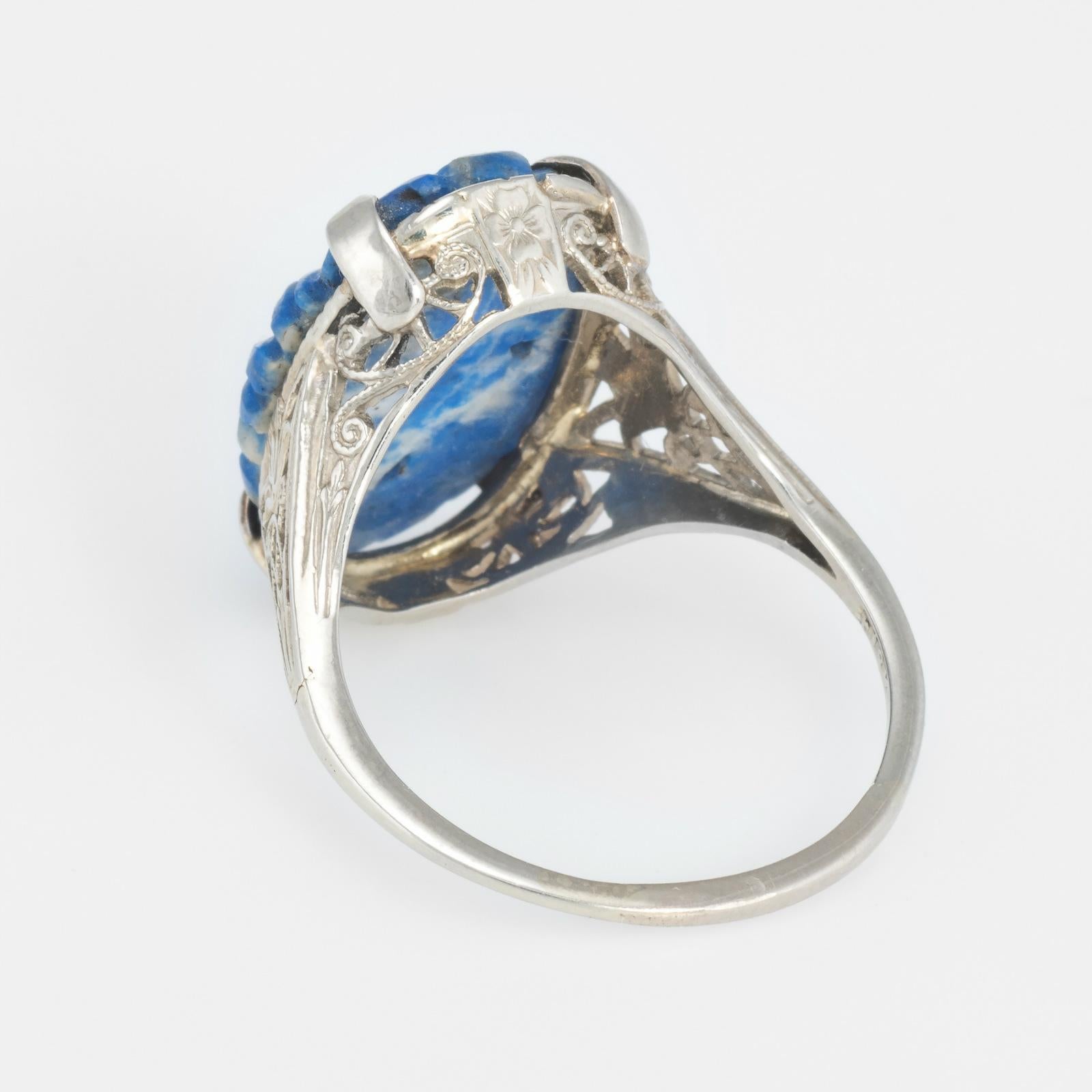 Antique Deco Filigree Cocktail Ring Sodalite Vintage 14 Karat White Gold Jewelry In Excellent Condition In Torrance, CA