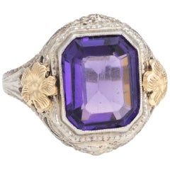 Antique Deco Filigree Ring Amethyst Glass 10 Karat Gold Vintage Fine Jewelry