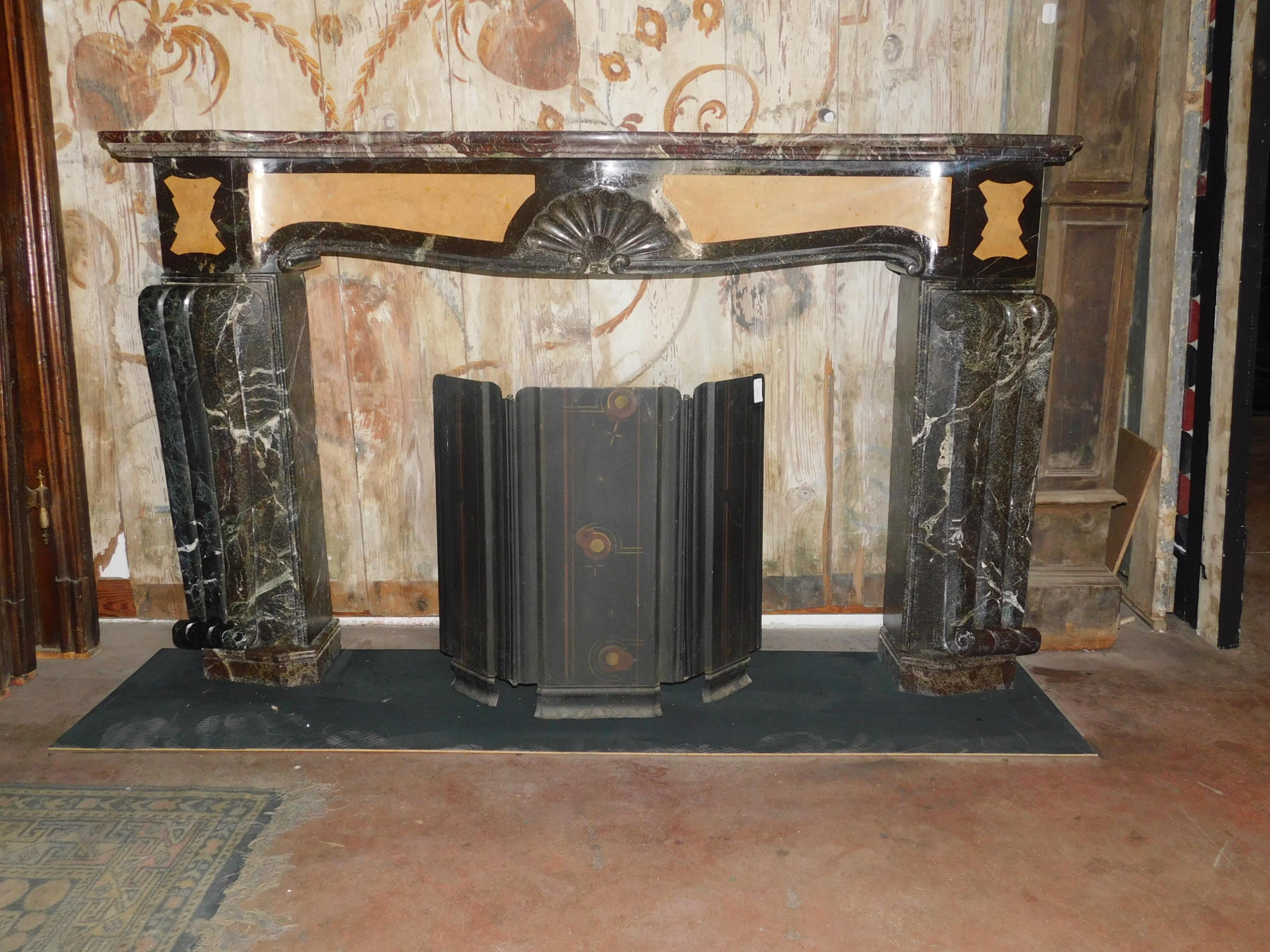 Antique Deco Fireplace, Inlaid Red and Yellow Marble, Rough, Early 1900, Italy For Sale 1