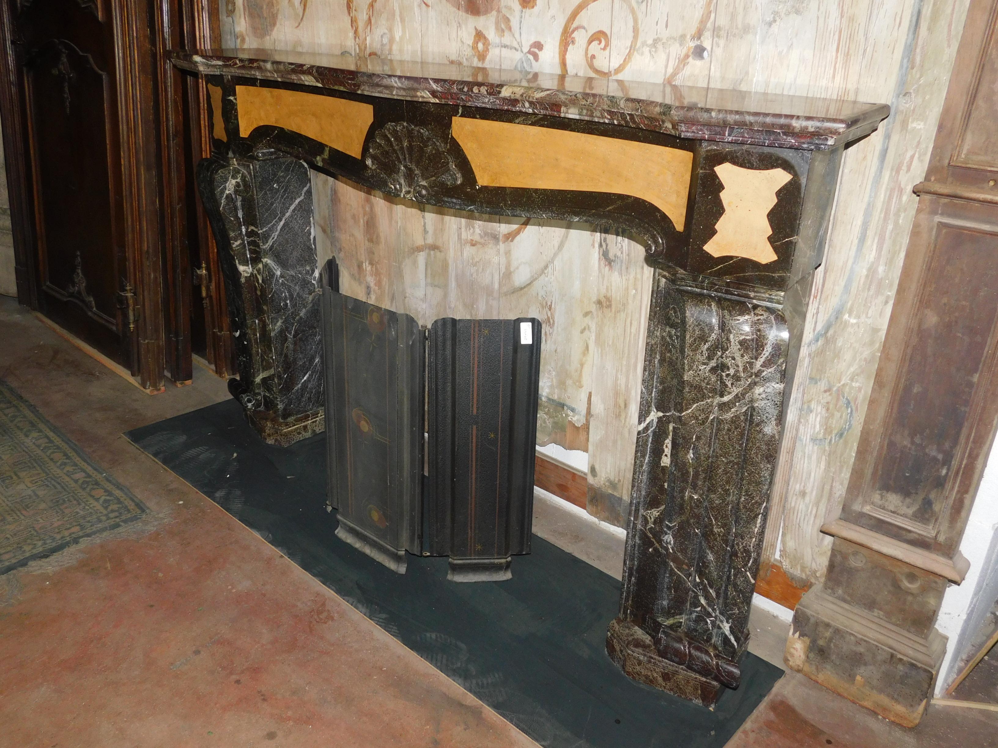 20th Century Antique Deco Fireplace, Inlaid Red and Yellow Marble, Rough, Early 1900, Italy For Sale