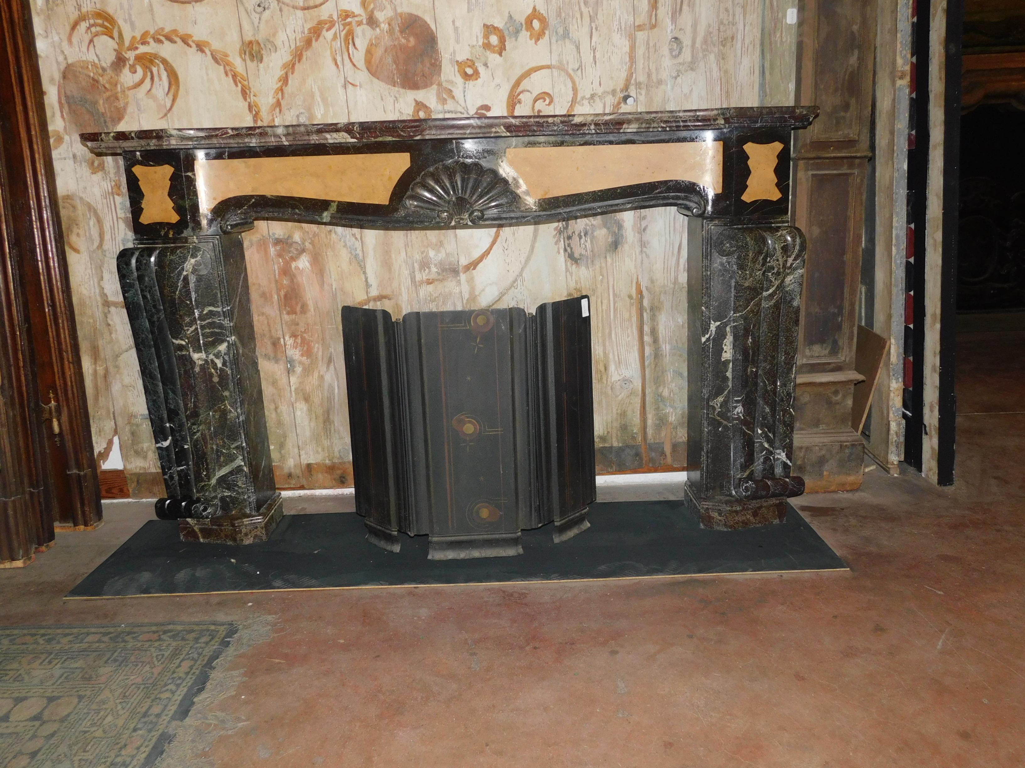Breccia Marble Antique Deco Fireplace, Inlaid Red and Yellow Marble, Rough, Early 1900, Italy For Sale