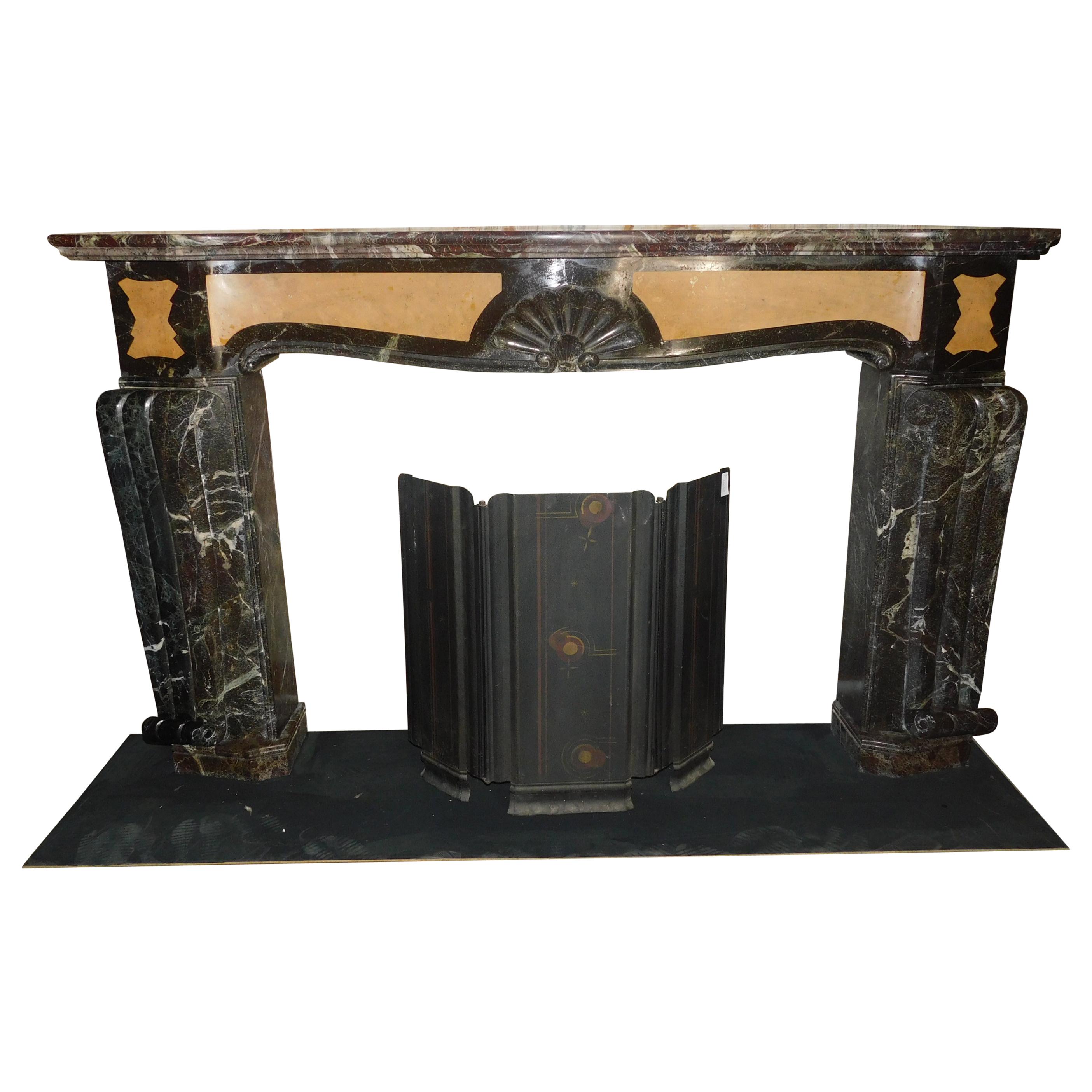 Antique Deco Fireplace, Inlaid Red and Yellow Marble, Rough, Early 1900, Italy