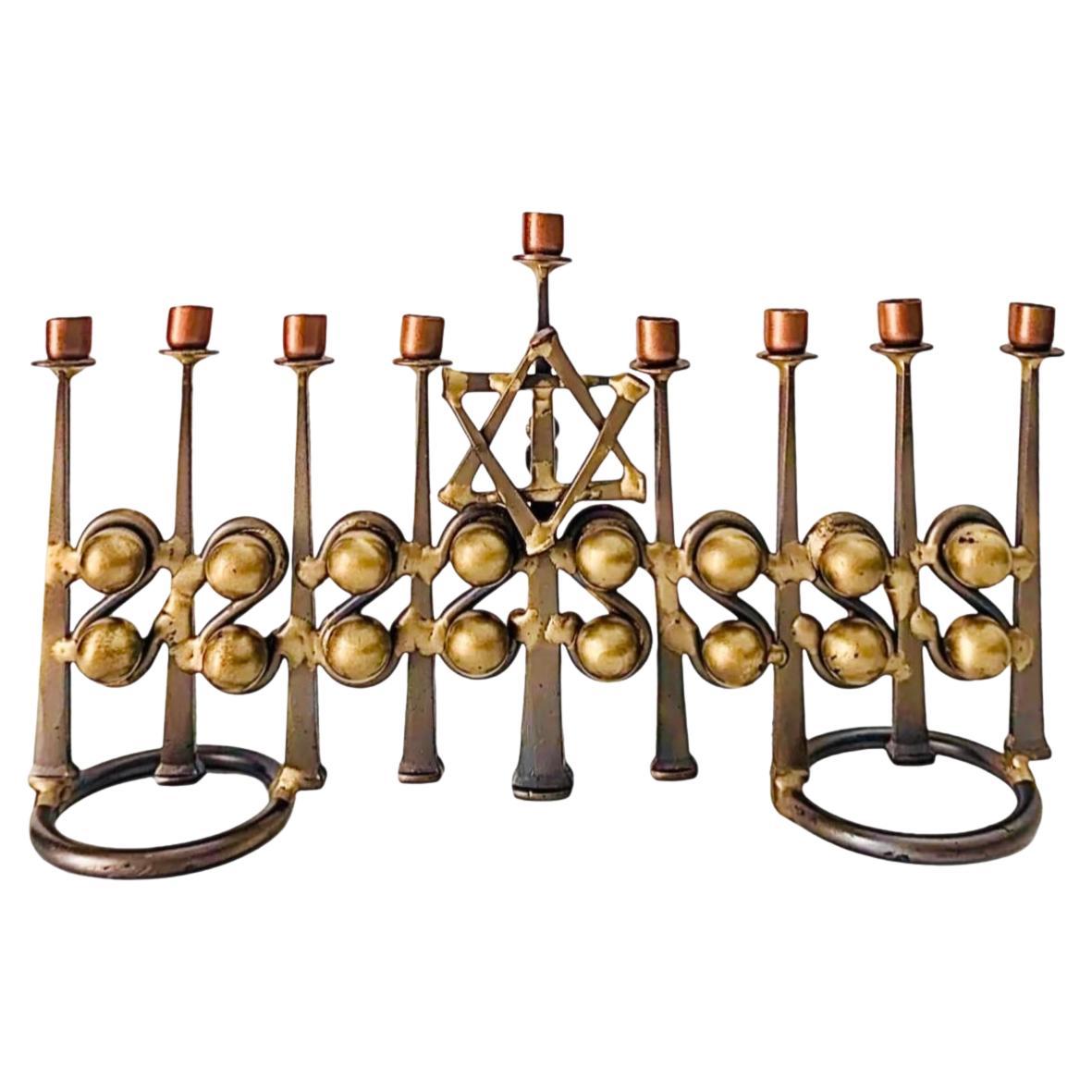 Escultura Menorah de Metal Mixto Antiguo Decó Bauhaus Hecho a Mano, Firmado