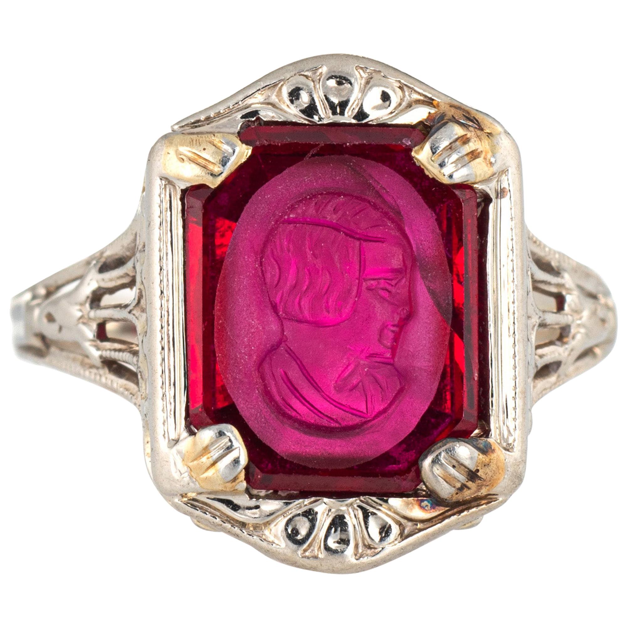 Antique Deco Intaglio Ring Bust Vintage 14 Karat Gold Filigree Jewelry Carved