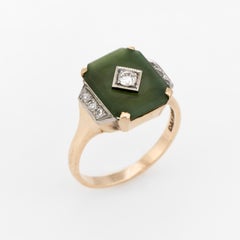Antique Deco Jade Diamond Ring 10 Karat Gold Cocktail Estate Fine Jewelry