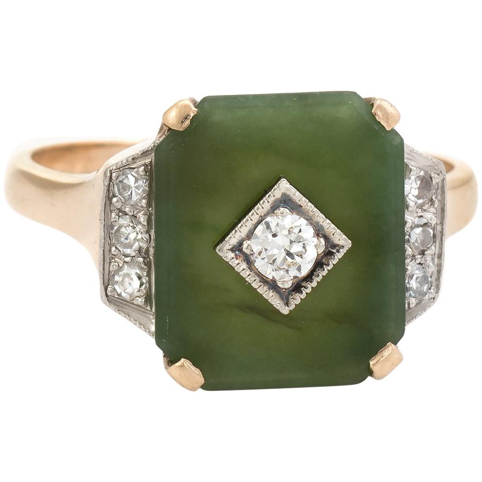 Antique Deco Jade Diamond Ring 10 Karat Gold Cocktail Estate Fine Jewelry