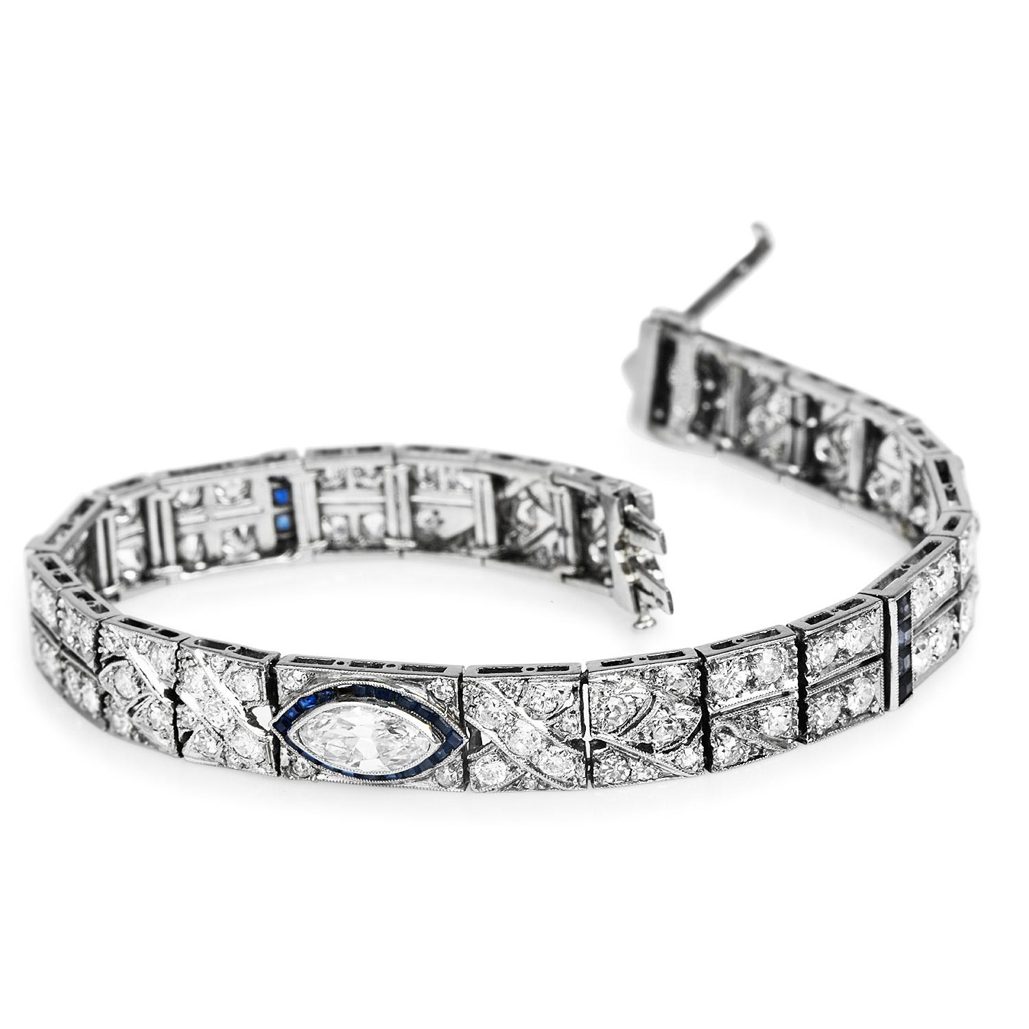 A geometric design with a superb sparkle in an elegant Platinum setting, this Art Deco Bracelet is the perfect classic yet unique piece,

The center of this antique art deco bracelet is 1 Marquise cut diamond, bezel-set,

weighing appx. 0.85 carats.