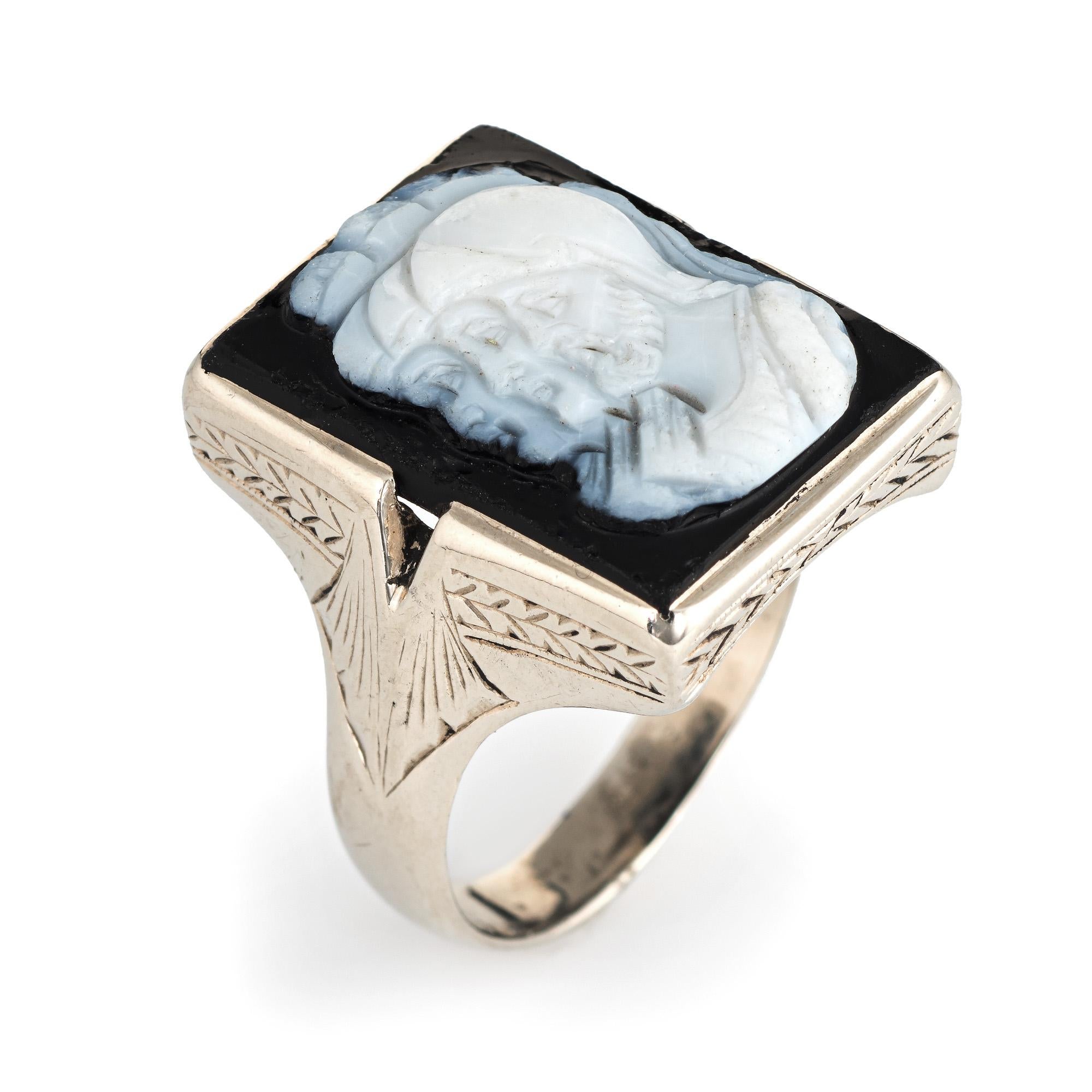 Stylish vintage men's hardstone cameo ring (circa 1920s to 1930s) crafted in 10 karat white gold. 

Sardonyx hardstone cameo measures 20mm x 14mm. The hardstone shows some wear with small chips to the outer edges of the stone (visible under a 10x