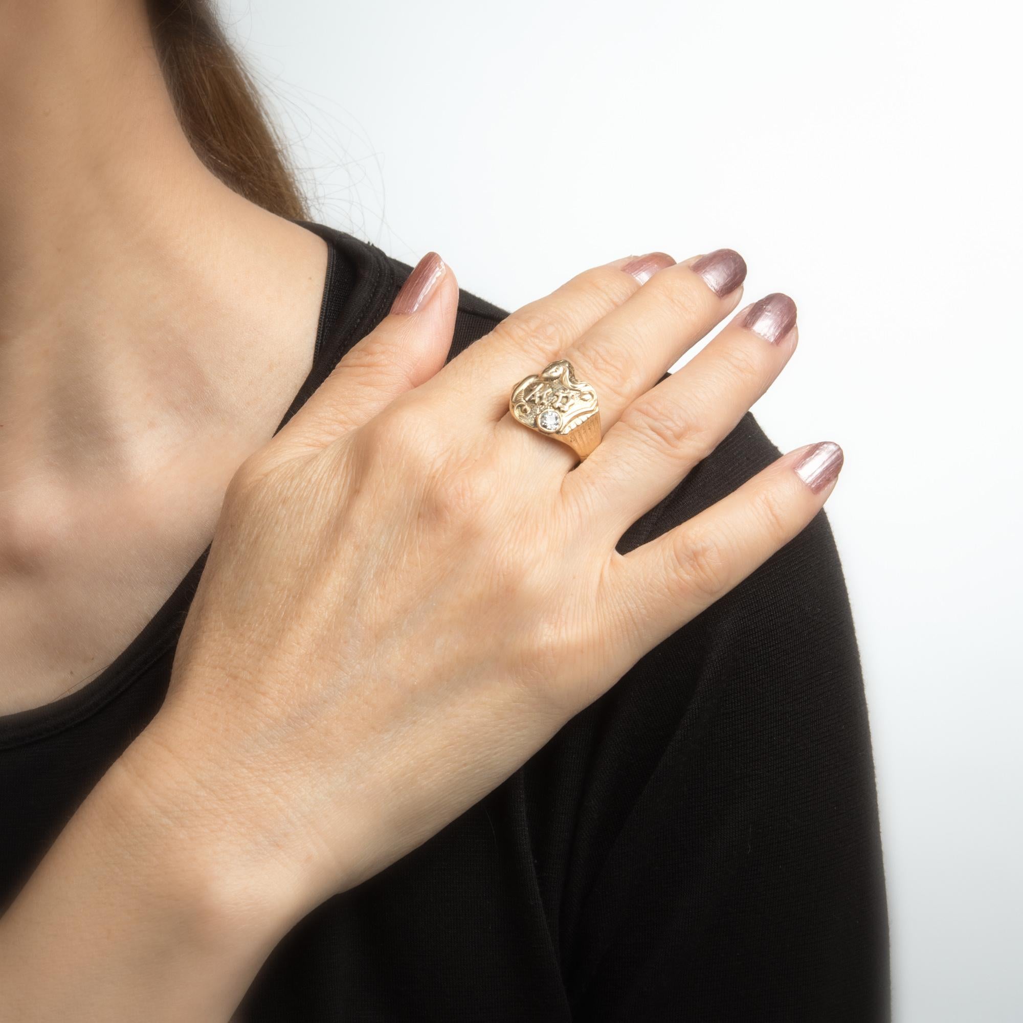 Art Deco Antique Deco Mermaid Ring Signet 14 Karat Gold Diamond Vintage Fine Jewelry