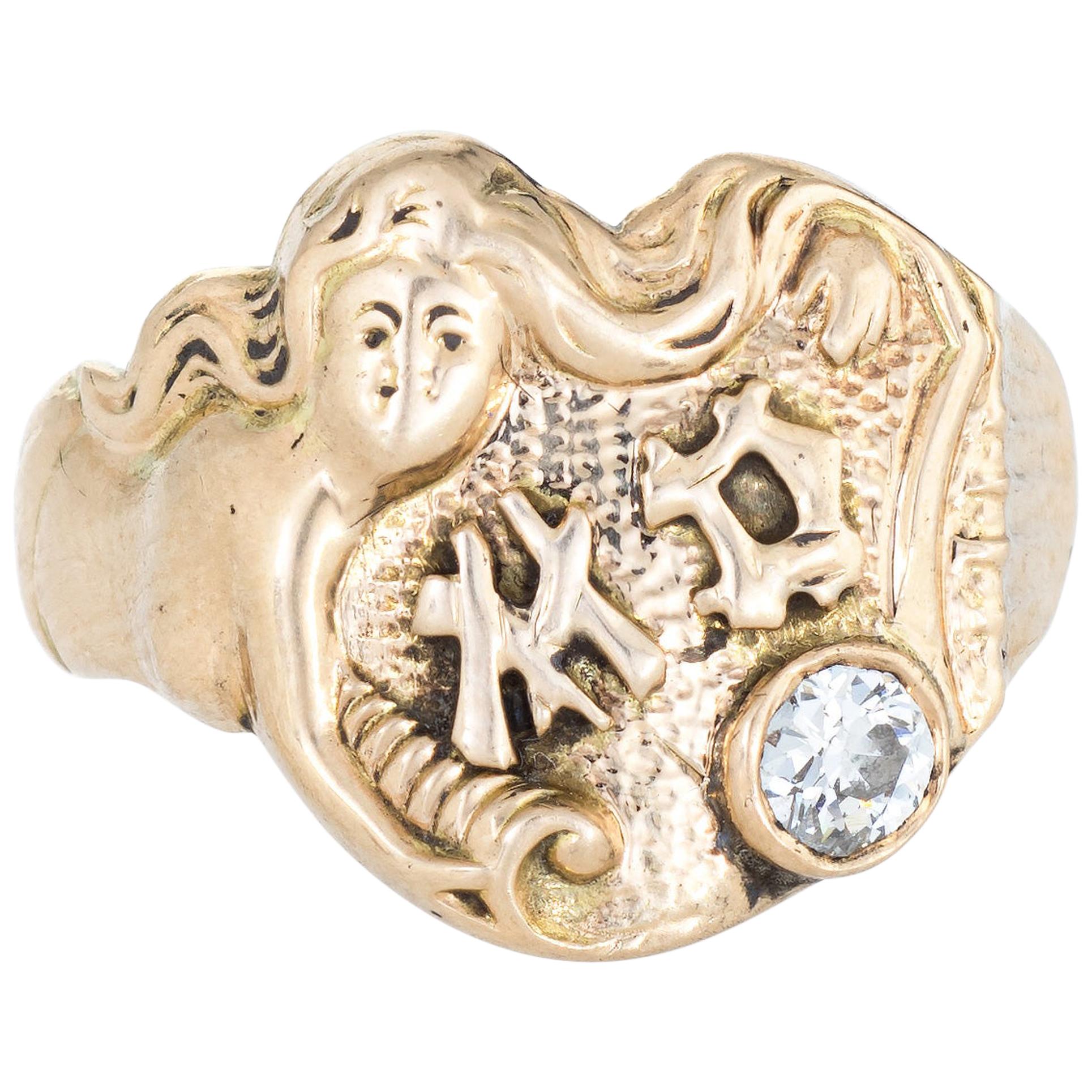 Antique Deco Mermaid Ring Signet 14 Karat Gold Diamond Vintage Fine Jewelry