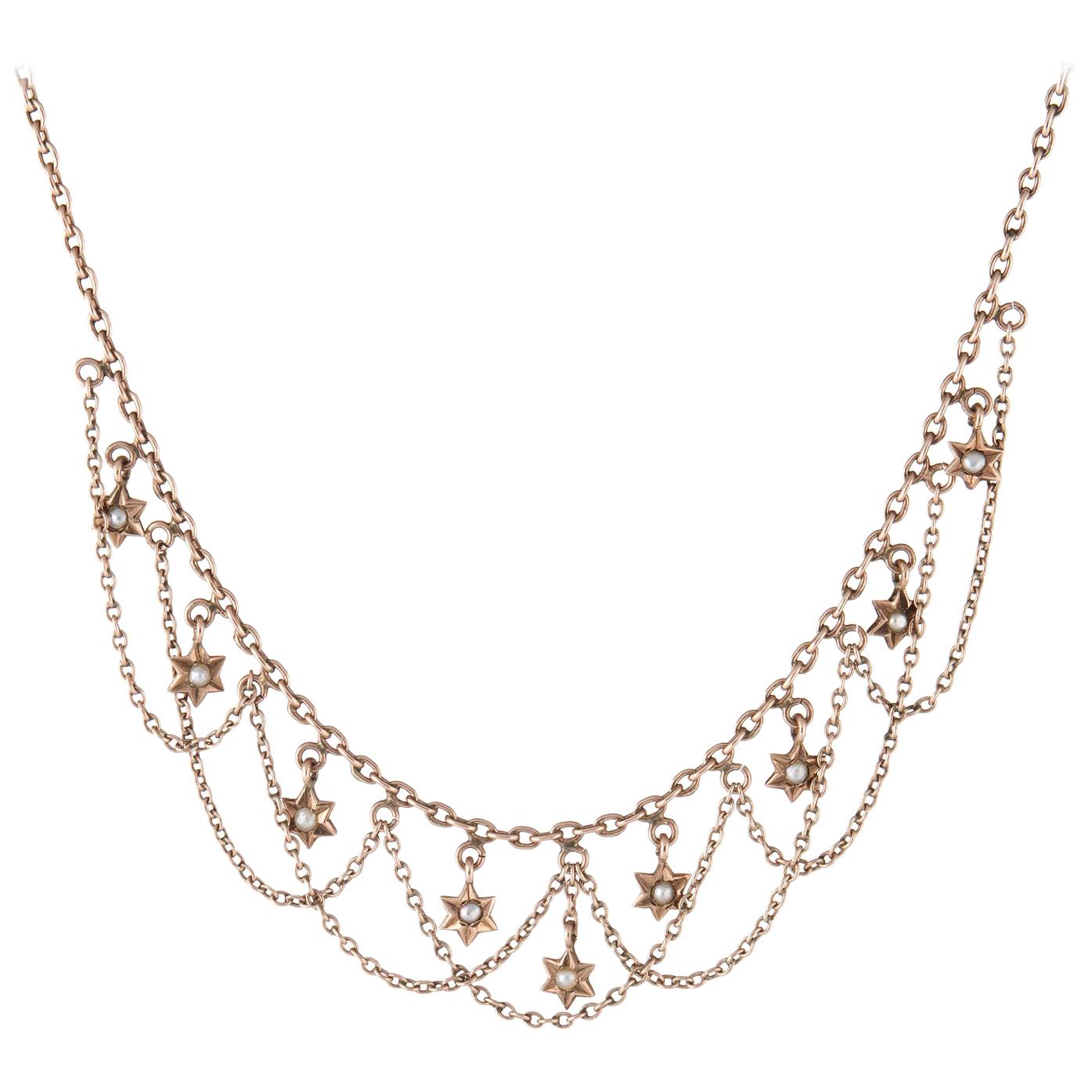 Antique Deco Necklace Star Fringe 10 Karat Rose Gold Estate Fine Jewelry Vintage