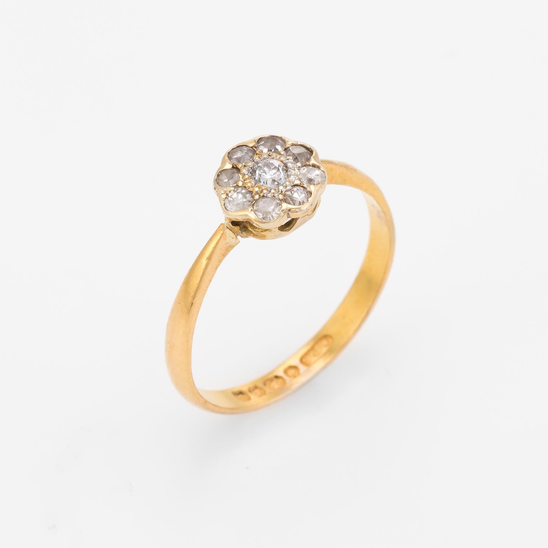 Finely detailed vintage Art Deco era ring (circa 1932), crafted in 22 karat yellow gold. 

Centrally mounted old mine cut diamond is estimated at 0.05 carats, accented with 8 estimated 0.02 carat diamonds. The total diamond weight is estimated at