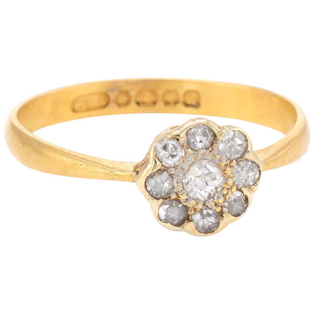 Antique Deco Old Mine Diamond Ring Cluster 22 Karat Yellow Gold, Engagement