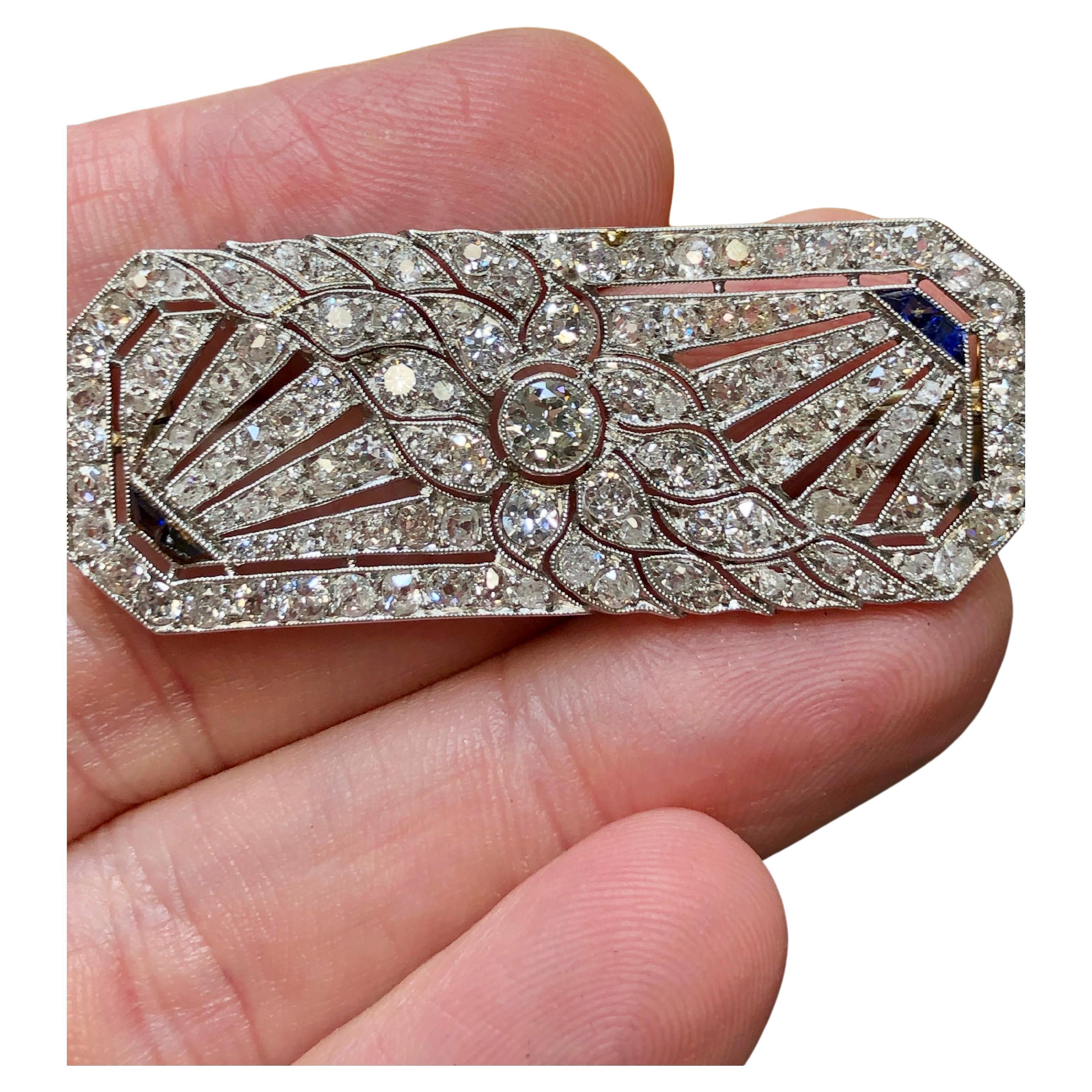 Antique Deco Old Mine Rose Cut  Diamond Sapphire Flower Brooch Pin 4.20cttw For Sale