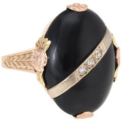 Antique Deco Onyx Diamond Two-Tone 10 Karat Gold Cocktail Ring