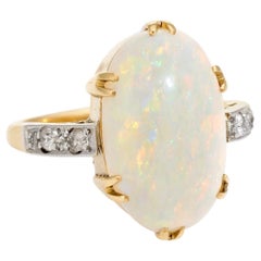Antique Deco Opal Diamond Ring Vintage 18 Karat Yellow Gold Estate Fine Jewelry
