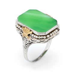 Antique Deco Ostby Barton Ring Green Jade Pearl Filigree 10 Karat White Gold