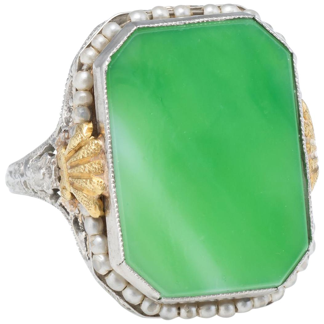 Antique Deco Ostby Barton Ring Green Jade Pearl Filigree 10 Karat White Gold