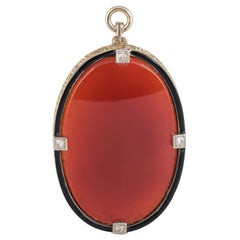 Antique Deco Pendant Carnelian Diamond Black Enamel 14 Karat Gold Large Oval