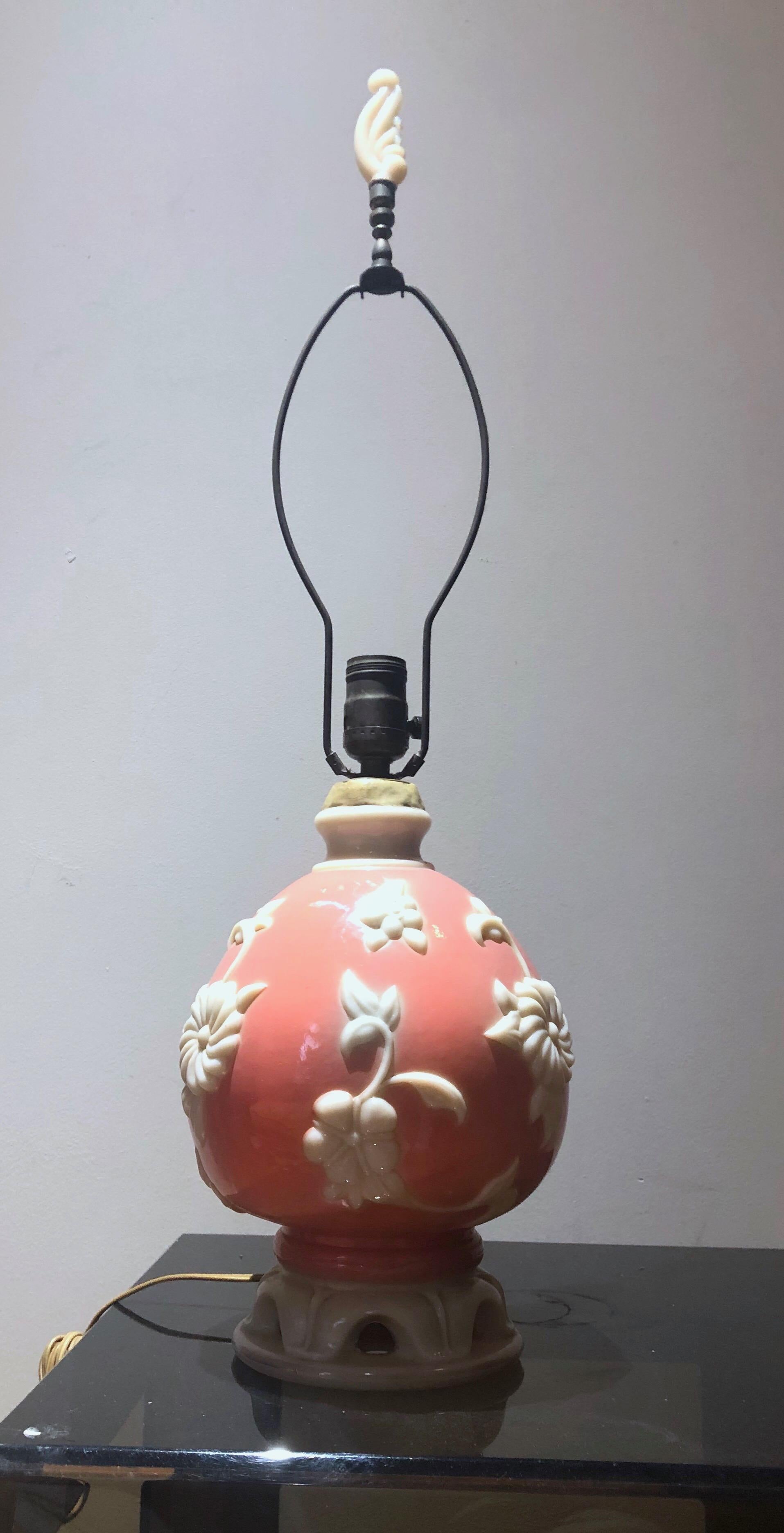 Lovely molded depression-era opaline glass lamp, blush pink with creamy white floral design in high relief. Stunning original opaline finial.