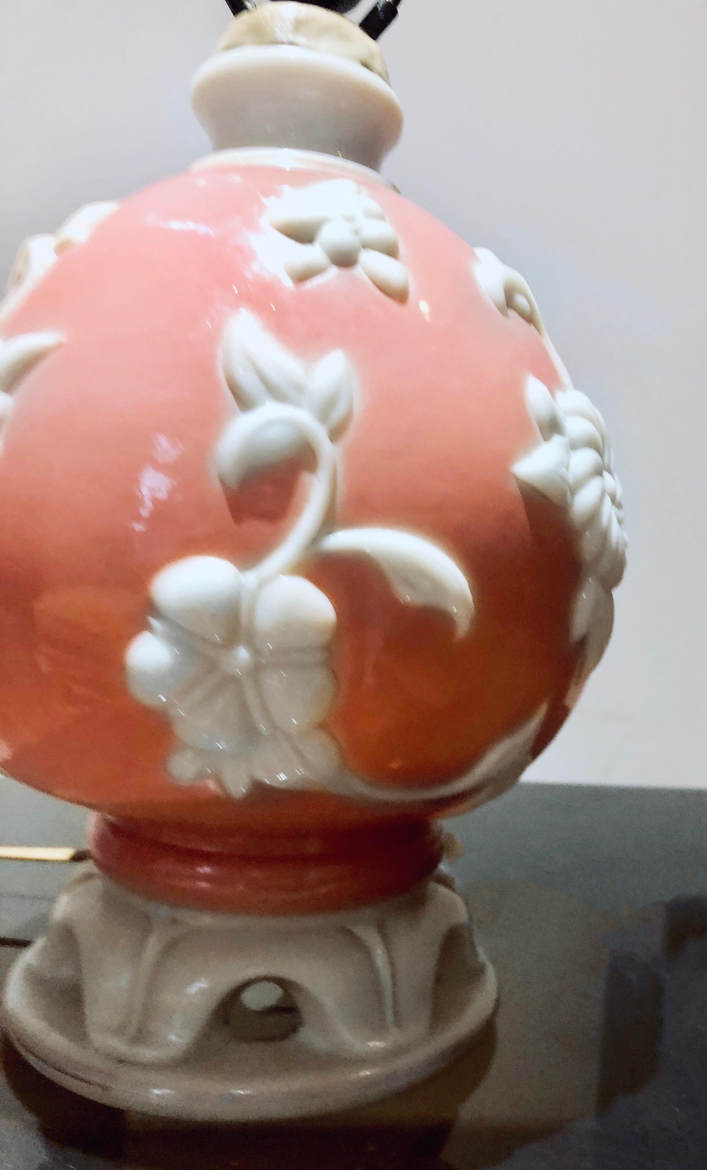 Antique Deco Pink Pressed Glass Spherical Lamp, Opaline Glass Flowers & Finial In Good Condition In Brooklyn, NY