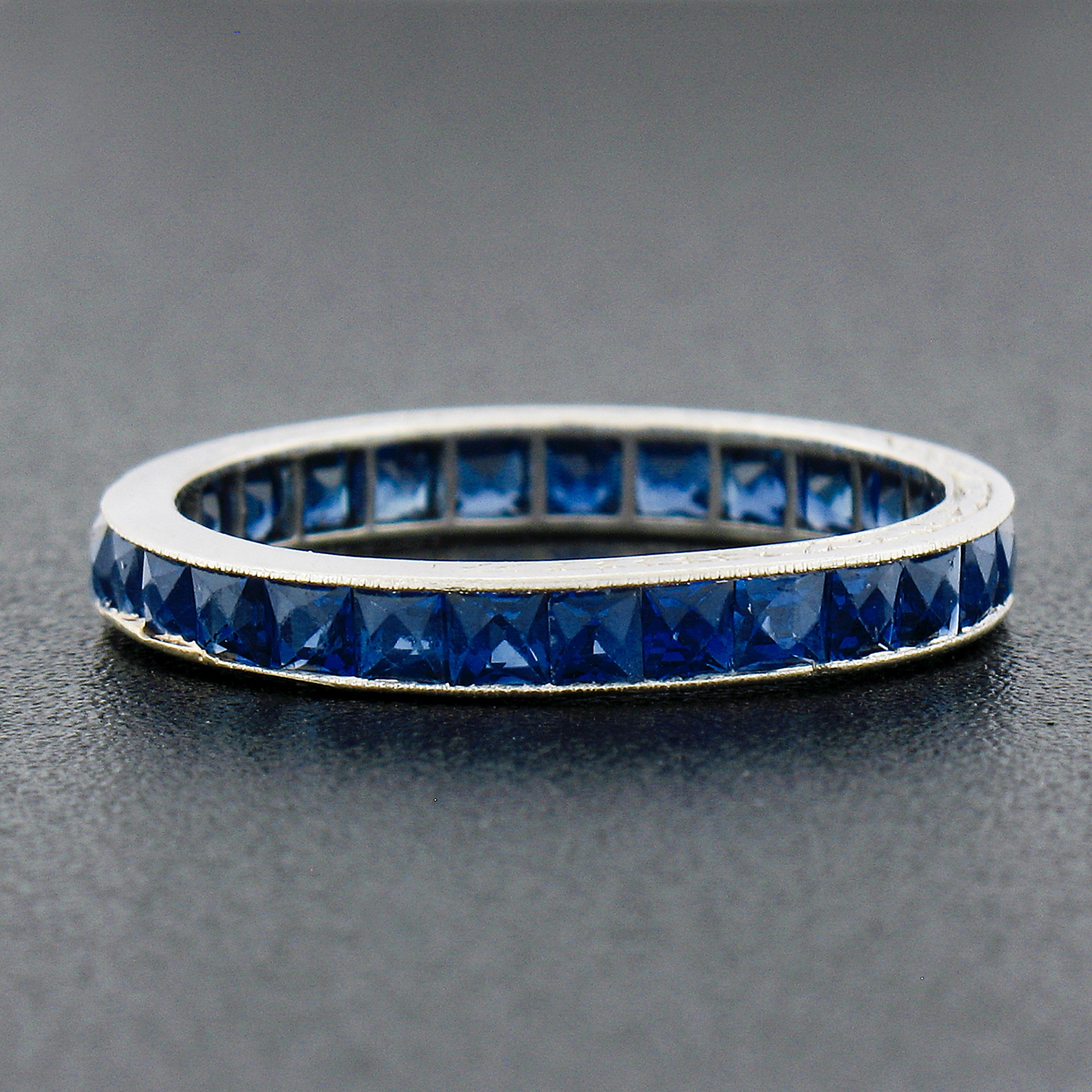 Antique Deco Platinum GIA Burma French Cut Sapphire Engraved Eternity Band Ring 1