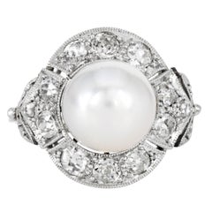 Antique Deco Platinum Pearl & Old Erou cut Diamond Ring
