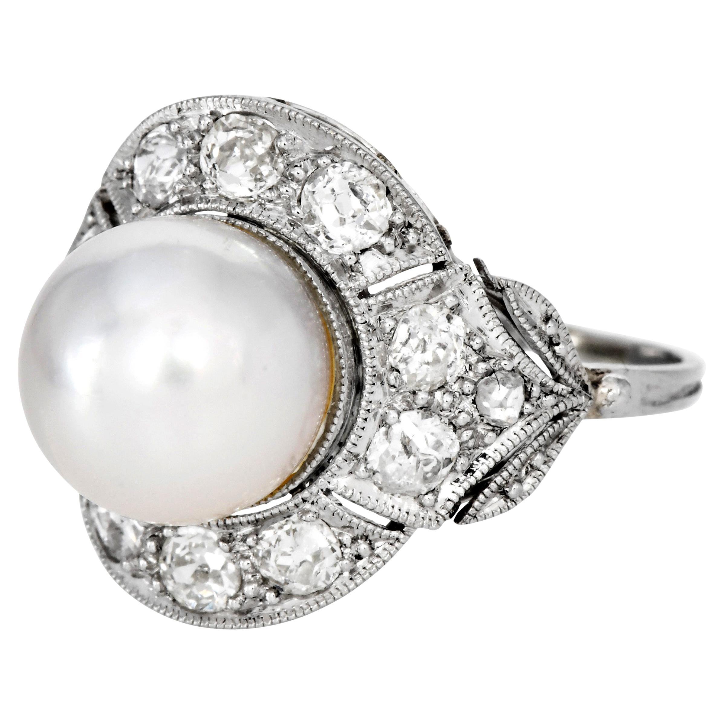 Antiker Deco Platin Perlenring & Diamantring mit altem Erou-Schliff