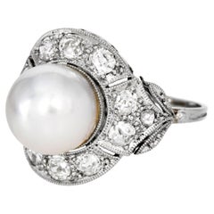 Antique Deco Platinum Pearl & Old Erou cut Diamond Ring