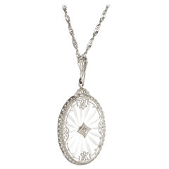 Antique Deco Rock Crystal Diamond Necklace Vintage 14 Karat White Gold Filigree
