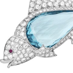 Antique Deco Sailfish Aquamarine Diamond Platinum Brooch Pin