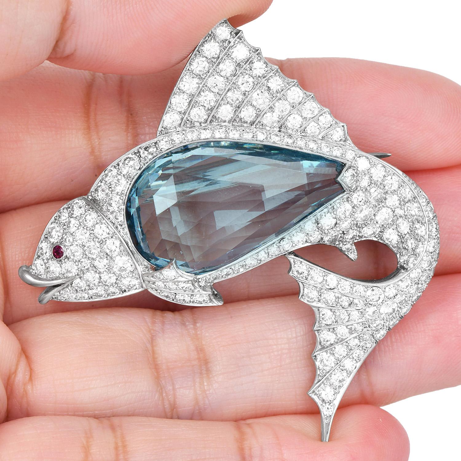 Women's or Men's Antique Deco Sailfish Aquamarine Diamond Platinum Brooch Pin For Sale